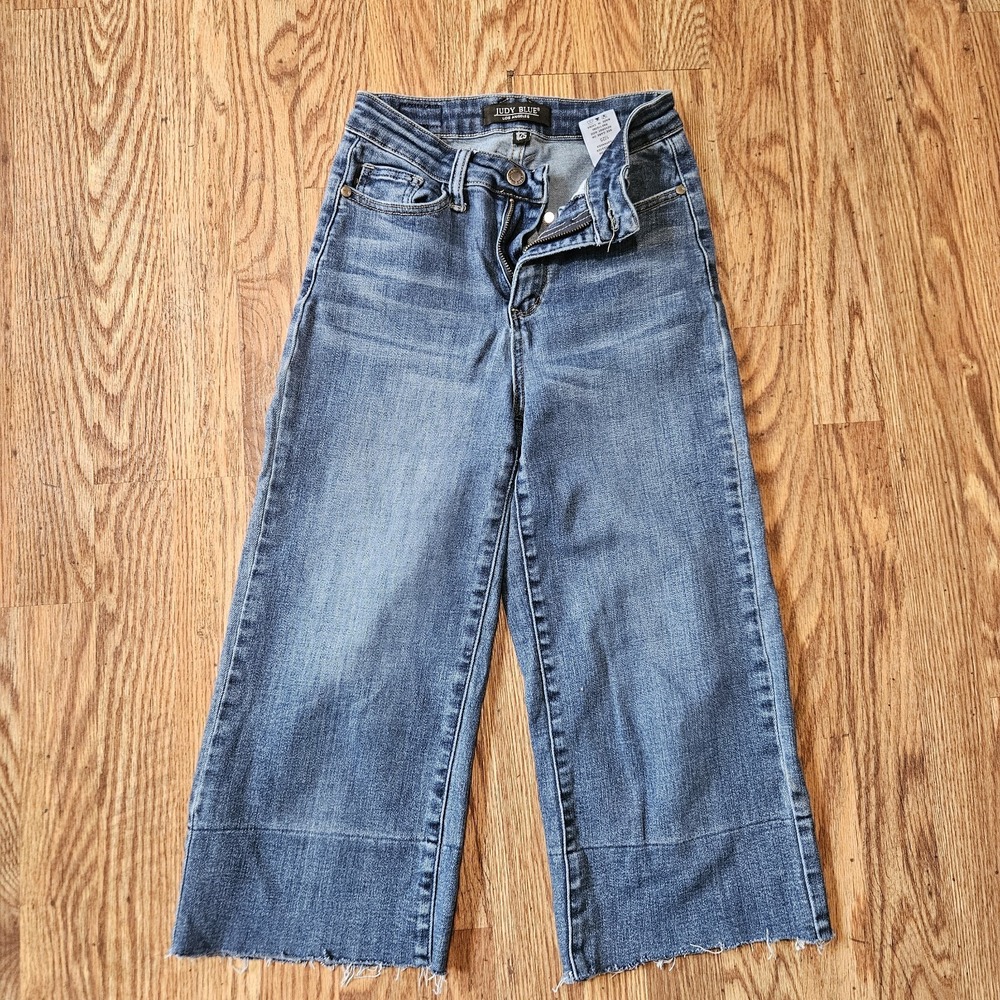Judy Blue‎ Jeans Women 1 25 Wide Leg Baggy High Waist Med Wash Faded Stretch Raw - Picture 9 of 9